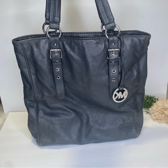 Michael Kors Gray Leather Tote Bag Silver Hardware Double Straps - Picture 1 of 13